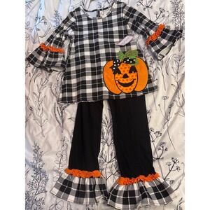 NEW Emily Rose Boutique Girls Black Plaid Bell Bottom Halloween Pumpkin Outfit 6